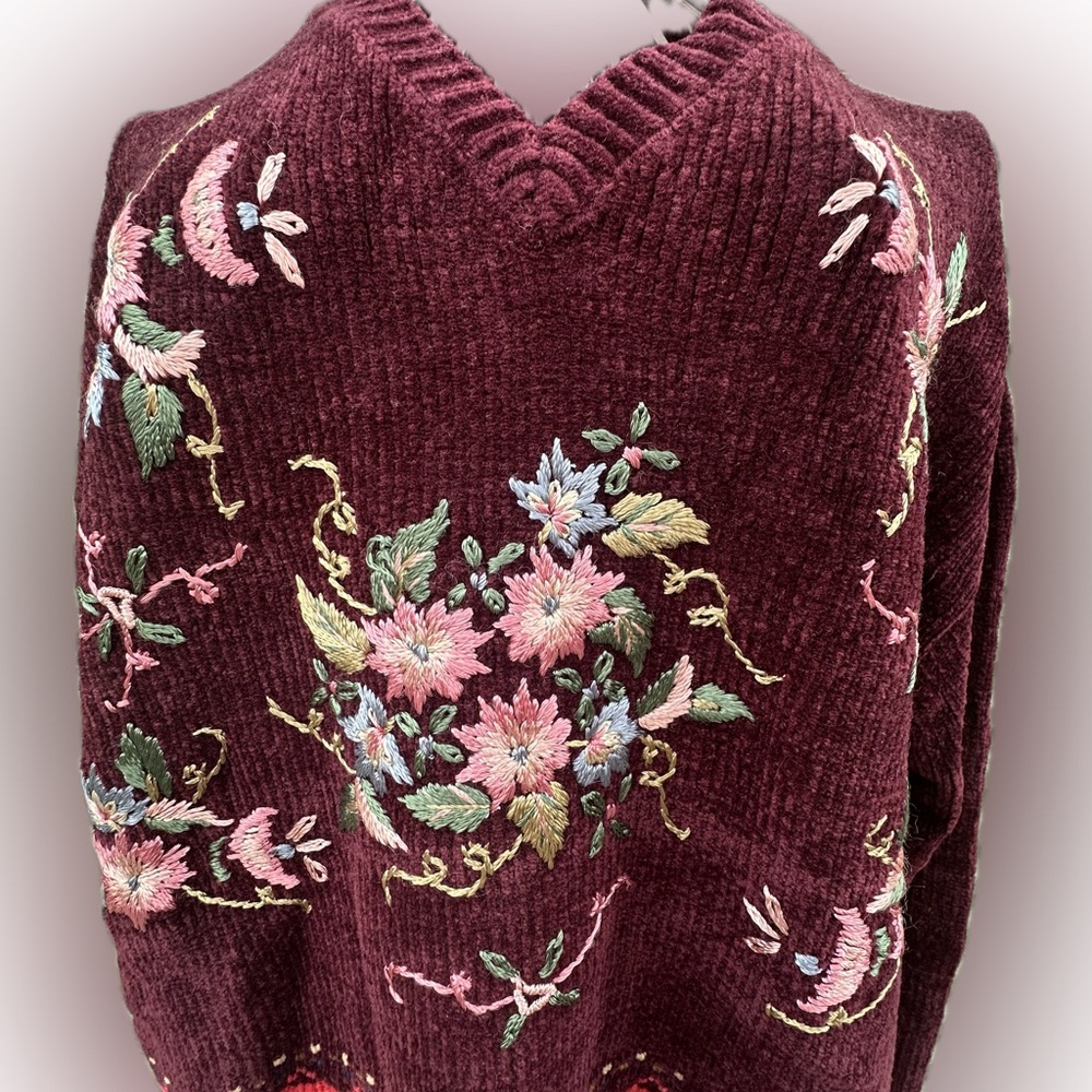 Carolyn Taylor VTG Chenille Floral Embroidered Sweater Cottagecore Grandma L - Picture 6 of 11